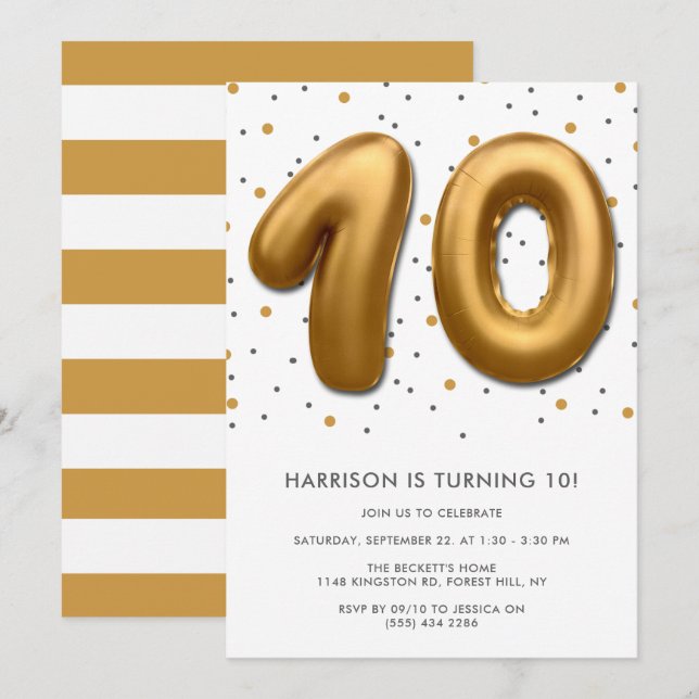 Modern Gold Foil Balloon 10th Birthday Invitation (Front/Back)