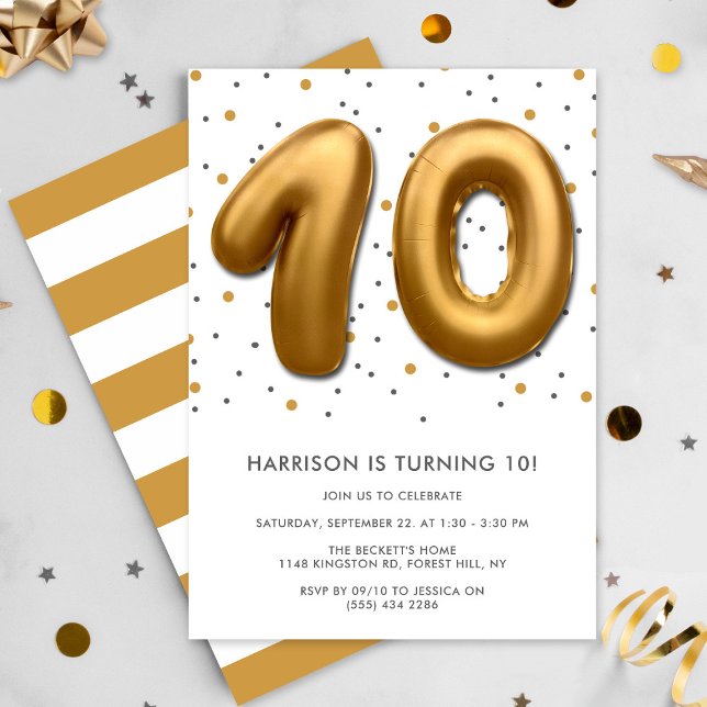 Modern Gold Foil Balloon 10th Birthday Invitation (Creator Uploaded)
