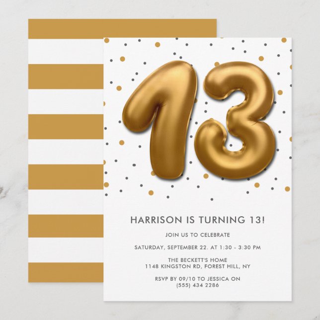 Modern Gold Foil Balloon 13th Birthday Invitation (Front/Back)
