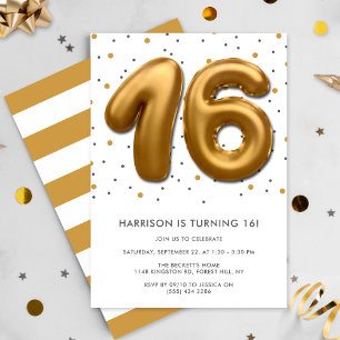Modern Gold Foil Balloon 16th Birthday Invitation