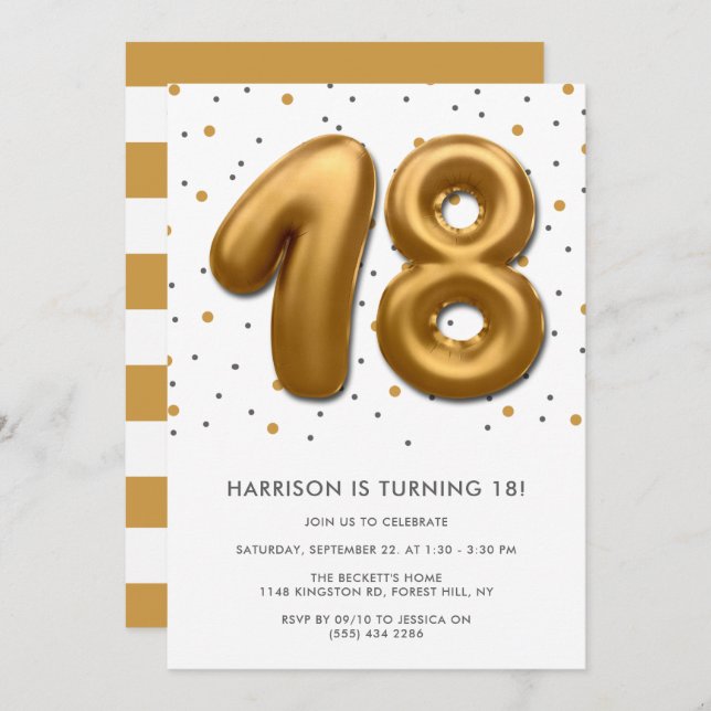Modern Gold Foil Balloon 18th Birthday Invitation (Front/Back)