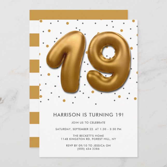 Modern Gold Foil Balloon 19th Birthday Invitation (Front/Back)