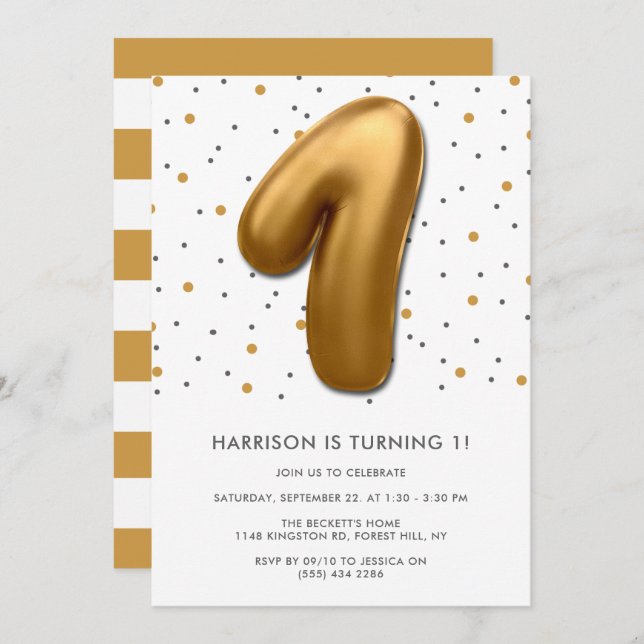 Modern Gold Foil Balloon 1st Birthday Invitation (Front/Back)
