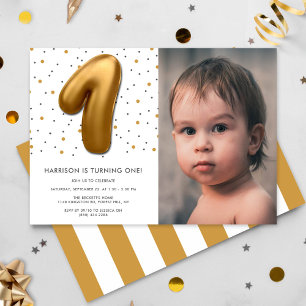 Modern Gold Foil Balloon 1st Birthday Photo Invitation