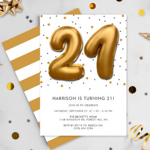 Modern Gold Foil Balloon 21st Birthday Invitation