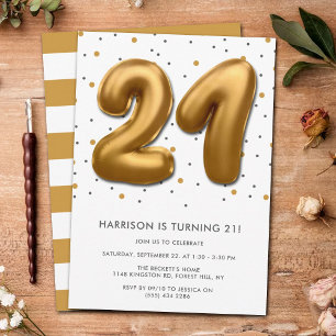 Modern Gold Foil Balloon 21st Birthday Invitation