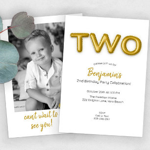 Modern Gold Foil Balloon 2nd Birthday Party Photo  Invitation
