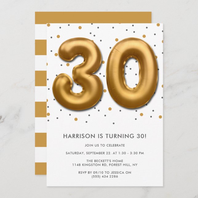 Modern Gold Foil Balloon 30th Birthday Invitation (Front/Back)
