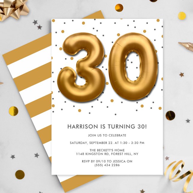 Modern Gold Foil Balloon 30th Birthday Invitation (Creator Uploaded)