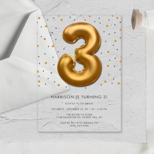 Modern Gold Foil Balloon 3rd Birthday Acrylic Invitations