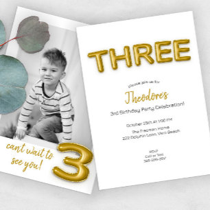 Modern Gold Foil Balloon 3rd Birthday Party Photo  Invitation