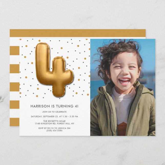 Modern Gold Foil Balloon 4th Birthday Photo Invitation (Front/Back)