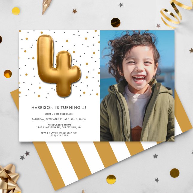 Modern Gold Foil Balloon 4th Birthday Photo Invitation (Creator Uploaded)