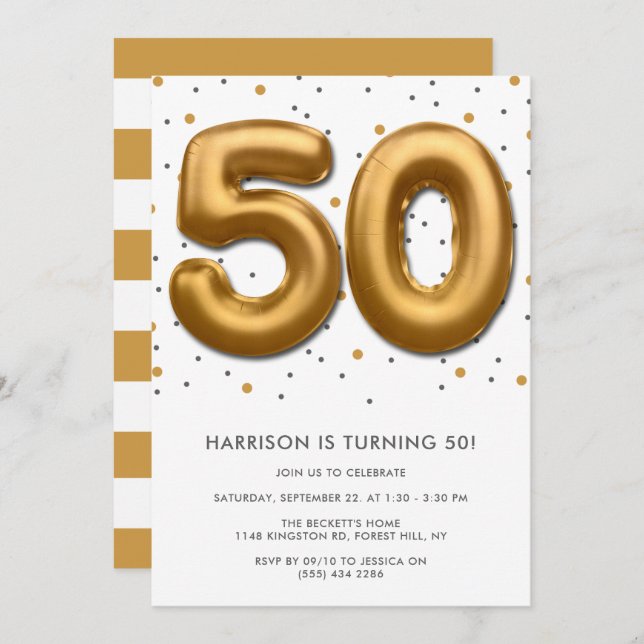 Modern Gold Foil Balloon 50th Birthday Invitation (Front/Back)