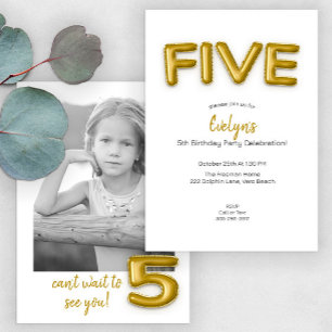 Modern Gold Foil Balloon 5th Birthday Party Photo Invitation
