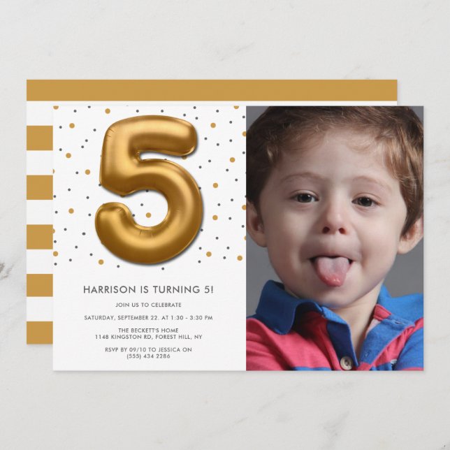 Modern Gold Foil Balloon 5th Birthday Photo Invitation (Front/Back)
