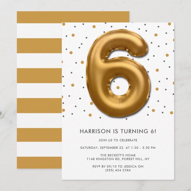 Modern Gold Foil Balloon 6th Birthday Invitation (Front/Back)