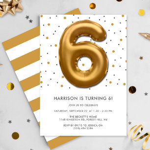 Modern Gold Foil Balloon 6th Birthday Invitation