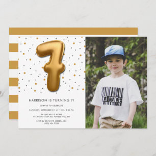 Modern Gold Foil Balloon 6th Birthday Photo Invitation