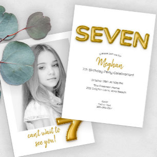 Modern Gold Foil Balloon 7th Birthday Party Photo  Invitation