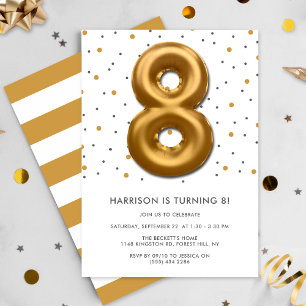 Modern Gold Foil Balloon 8th Birthday Invitation