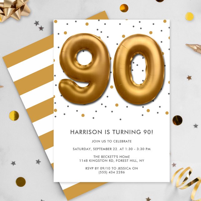 Modern Gold Foil Balloon 90th Birthday Invitation (Creator Uploaded)