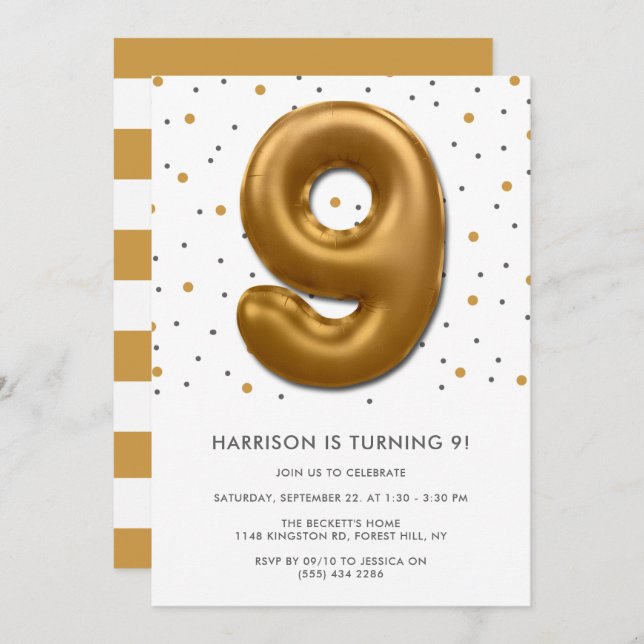 Modern Gold Foil Balloon 9th Birthday Invitation (Front/Back)