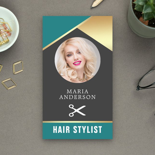 Modern Gold Foil Beauty Salon Hair Stylist Photo Business Card (Creator Uploaded)