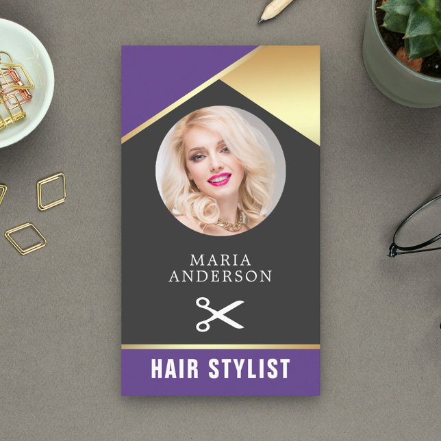 Modern Gold Foil Beauty Salon Hair Stylist Photo Business Card (Creator Uploaded)