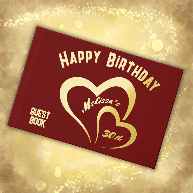 Modern Gold Foil Birthday on Maroon Rec Monogram | Guest Book (Creator Uploaded)