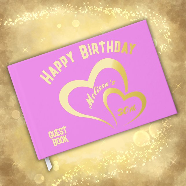 Modern Gold Foil Birthday on Pink Rect. Monogram | Guest Book (Creator Uploaded)