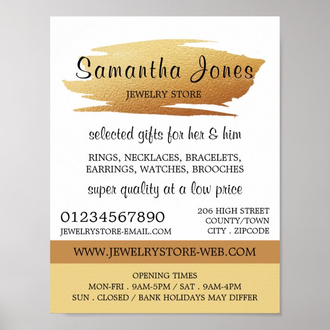 Modern Gold Foil Brushstroke, Jewellery Store Poster (Front)