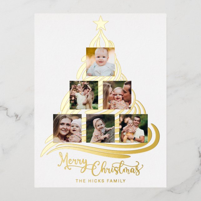 Modern Gold Foil Christmas Tree Family Multiphoto  Foil Holiday Postcard (Front)