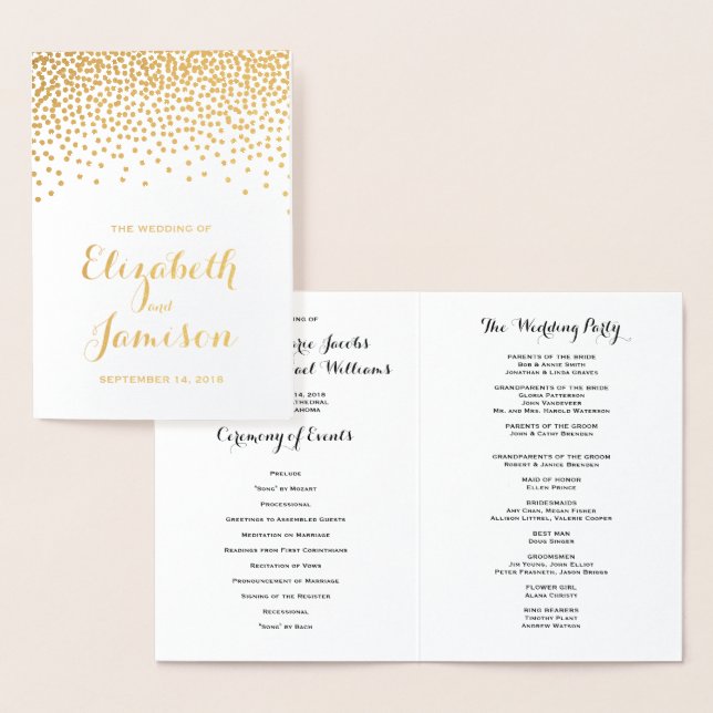 Modern Gold Foil Confetti Dots Wedding Program Card (Display)