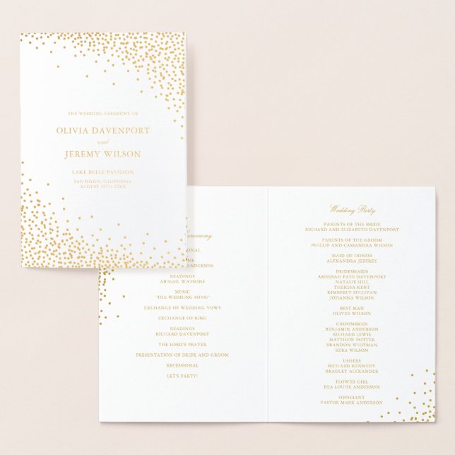 Modern Gold Foil Confetti Dots Wedding Programs Card (Display)