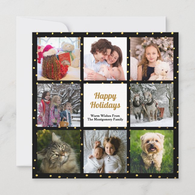 Modern Gold Foil Dot Eight Photo Collage Holiday Card (Front)