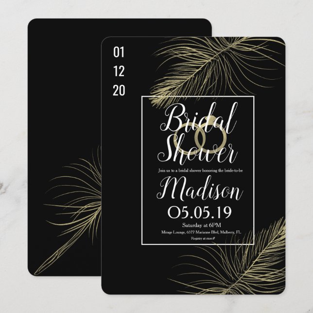 Modern Gold Foil Feather Black Bridal Shower Invitation (Front/Back)