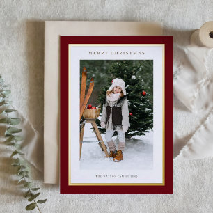 Modern Gold Foil Frame Burgundy Photo Christmas Foil Holiday Card
