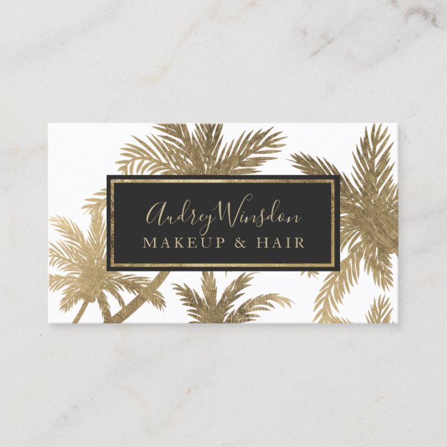 Modern gold foil glam palm tree Makeup Hair script Business Card (Front)