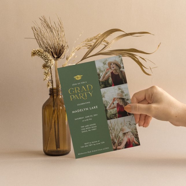 Modern Gold Foil Grad Party 4 Photo Invitation (Creator Uploaded)