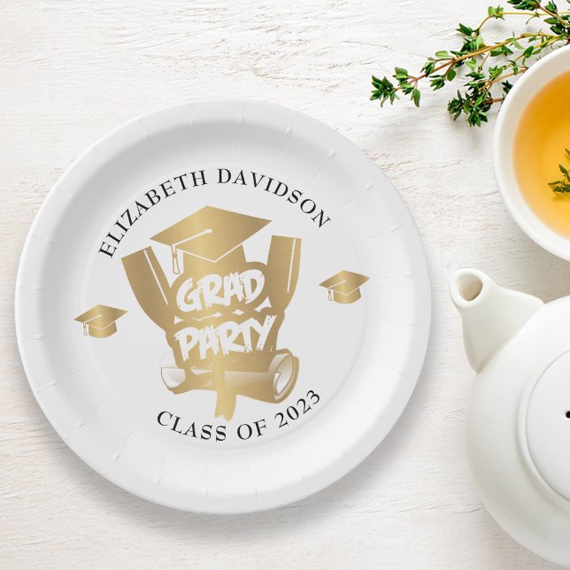Modern gold foil grad party paper plate (Creator Uploaded)