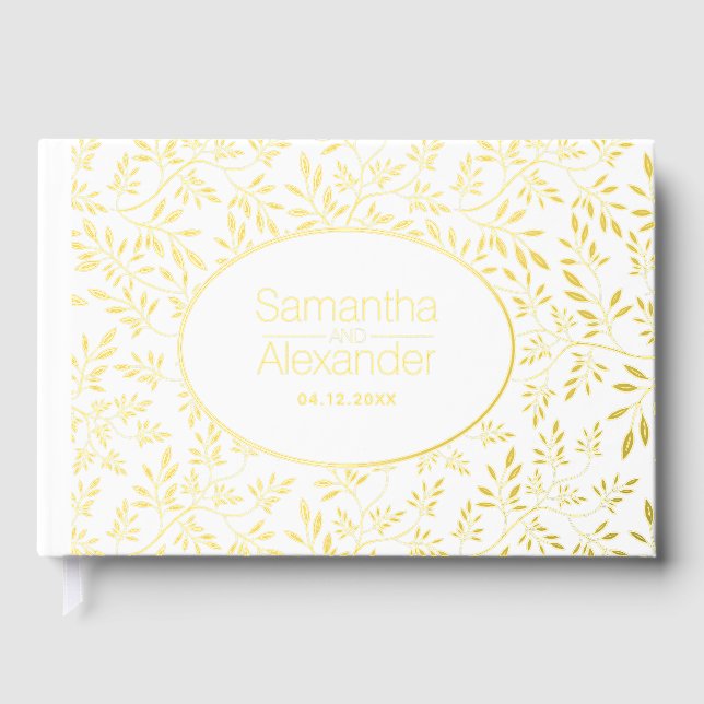 Modern gold foil leaves and frame wedding guest book (Front)