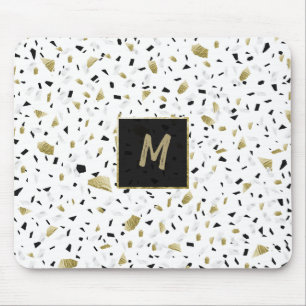 Modern Gold Foil Marble Terrazzo Pattern Monogram Mouse Pad