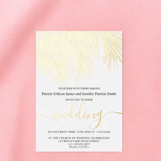 Modern gold foil palm tree elegant script wedding (Modern gold foil palm tree elegant script wedding foil invitation)