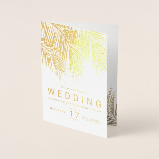 Modern gold foil palm tree elegant wedding card (Front)