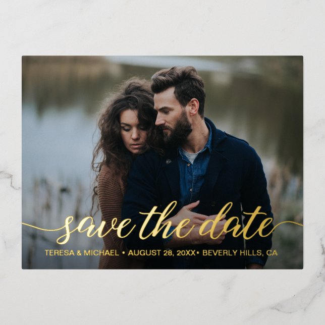 Modern Gold foil Save the date Photo Wedding Foil  Foil Invitation Postcard (Front)
