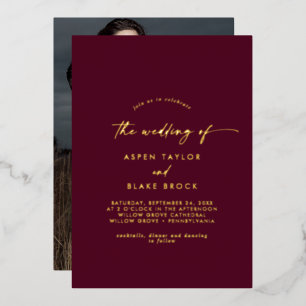 Modern Gold Foil Script Burgundy Photo Wedding