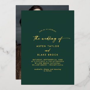 Modern Gold Foil Script Emerald Photo Wedding