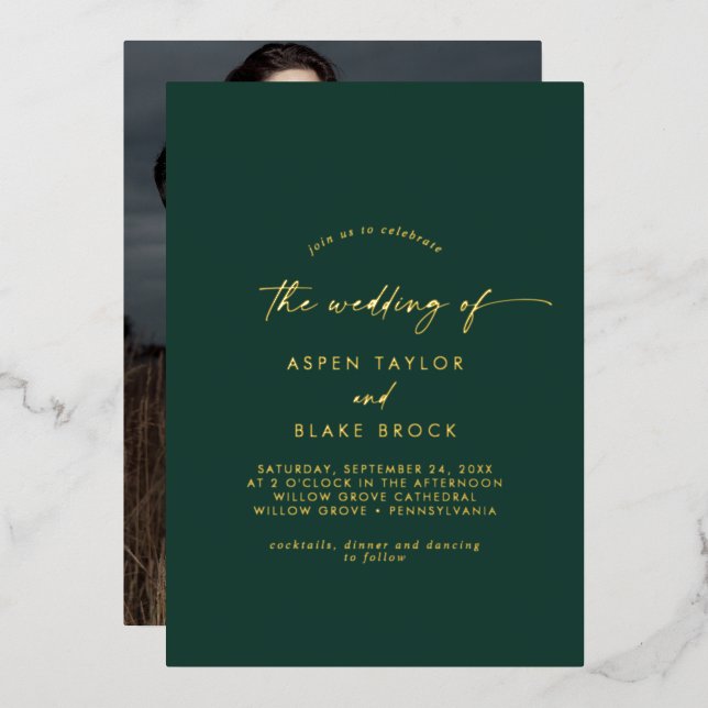 Modern Gold Foil Script | Emerald Photo Wedding (Front/Back)