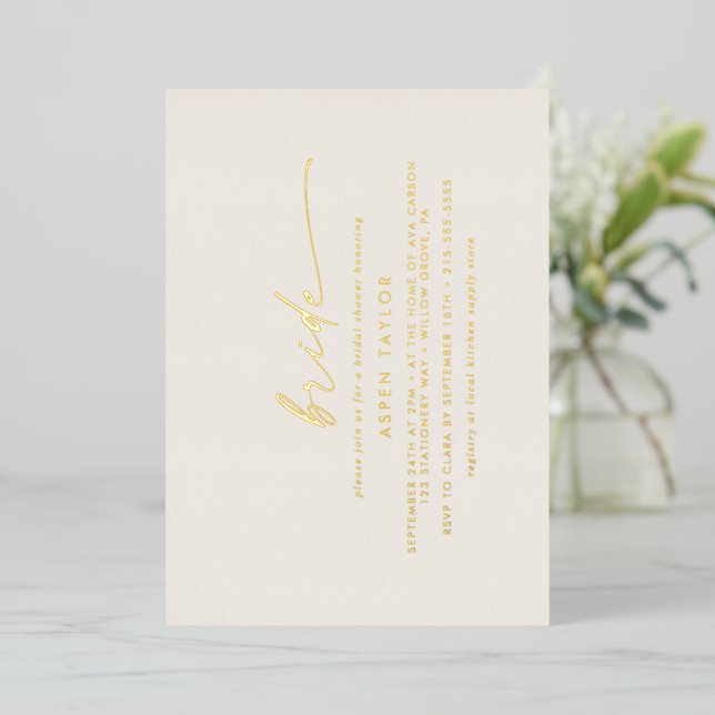 Modern Gold Foil Script Ivory Bride Bridal Shower (Standing Front)